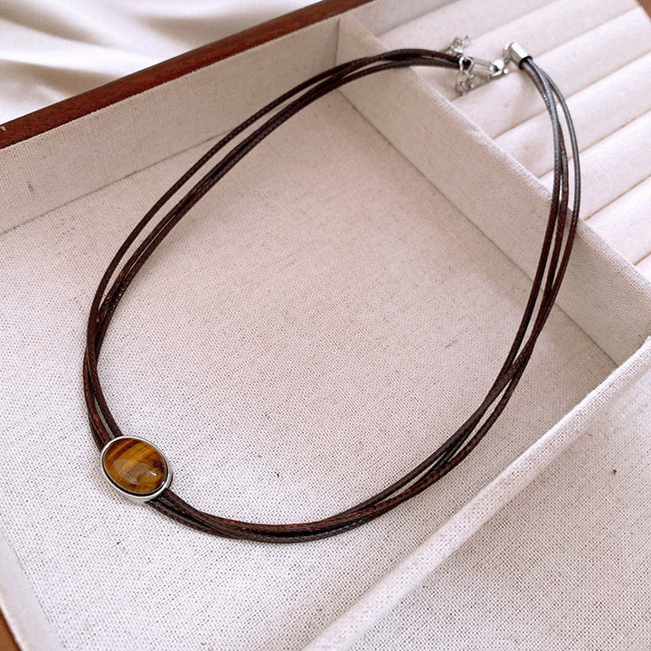 Buddha Stones Natural Tiger Eye Ellipse Protection Wax Rope Necklace Pendant - image 8