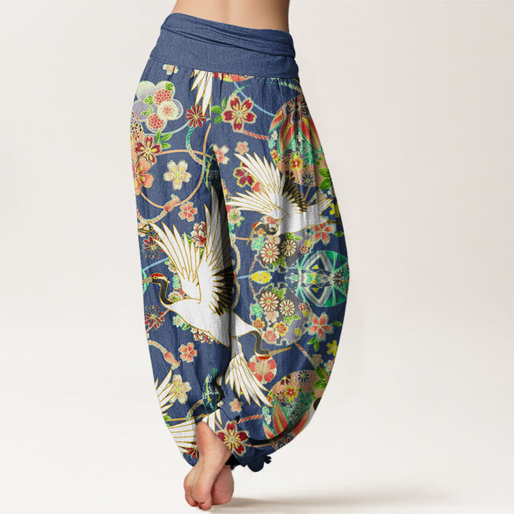 Buddha Stones Casual Crane Floral Geometric Pattern Elastic Waist Women's Harem Pants - image 1