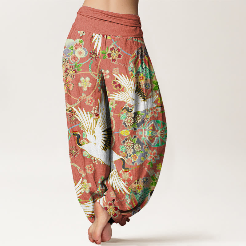 Buddha Stones Casual Crane Floral Geometric Pattern Elastic Waist Women's Harem Pants - image 5