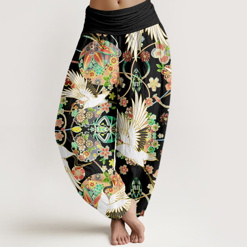 Buddha Stones Casual Crane Floral Geometric Pattern Elastic Waist Women's Harem Pants - Black - US22,UK/AU26,EU54 (6XL) - image 7