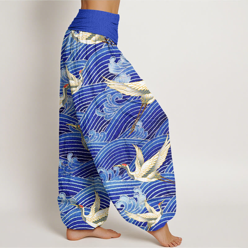 Buddha Stones Casual Crane Ocean Waves Pattern Elastic Waist Women's Harem Pants - image 2