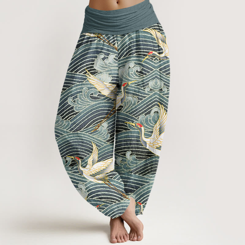 Buddha Stones Casual Crane Ocean Waves Pattern Elastic Waist Women's Harem Pants - CadetBlue - US22,UK/AU26,EU54 (6XL) - image 4