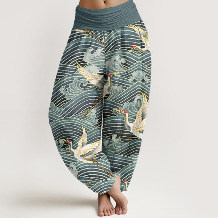 Buddha Stones Casual Crane Ocean Waves Pattern Elastic Waist Women's Harem Pants - CadetBlue - US22,UK/AU26,EU54 (6XL) - image 4