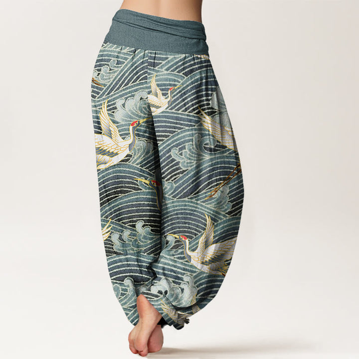 Buddha Stones Casual Crane Ocean Waves Pattern Elastic Waist Women's Harem Pants - image 5