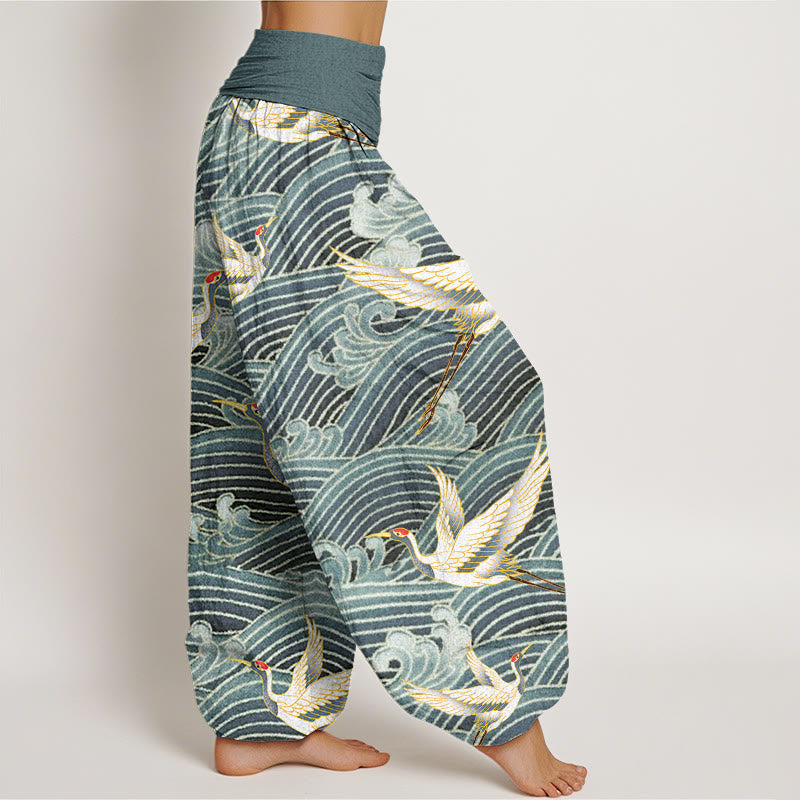 Buddha Stones Casual Crane Ocean Waves Pattern Elastic Waist Women's Harem Pants - image 6