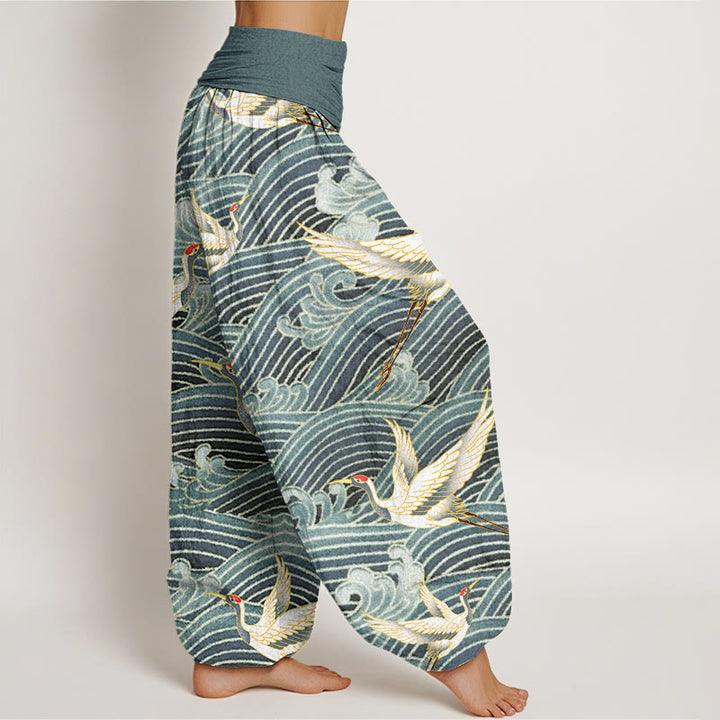 Buddha Stones Casual Crane Ocean Waves Pattern Elastic Waist Women's Harem Pants - image 6