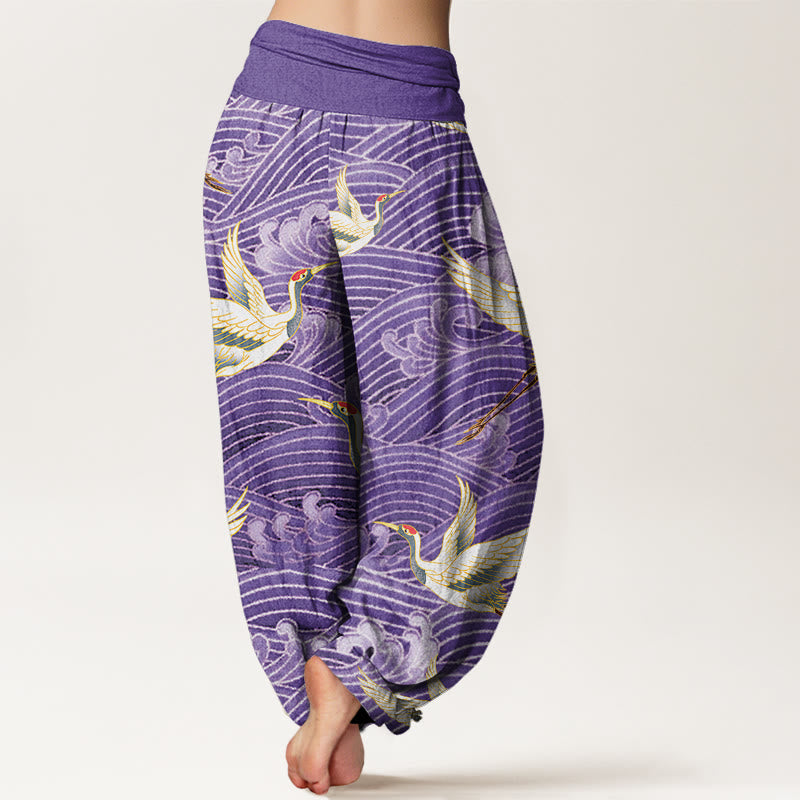 Buddha Stones Casual Crane Ocean Waves Pattern Elastic Waist Women's Harem Pants - image 8