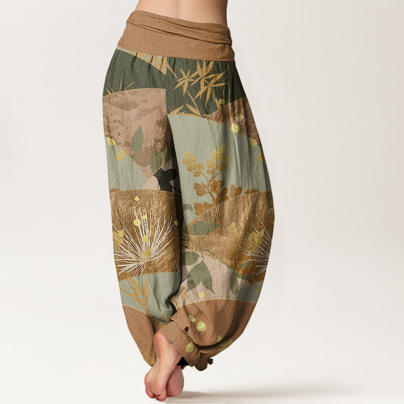 Buddha Stones Semicircle Leaves Pattern Women's Elastic Waist Harem Pants - image 1