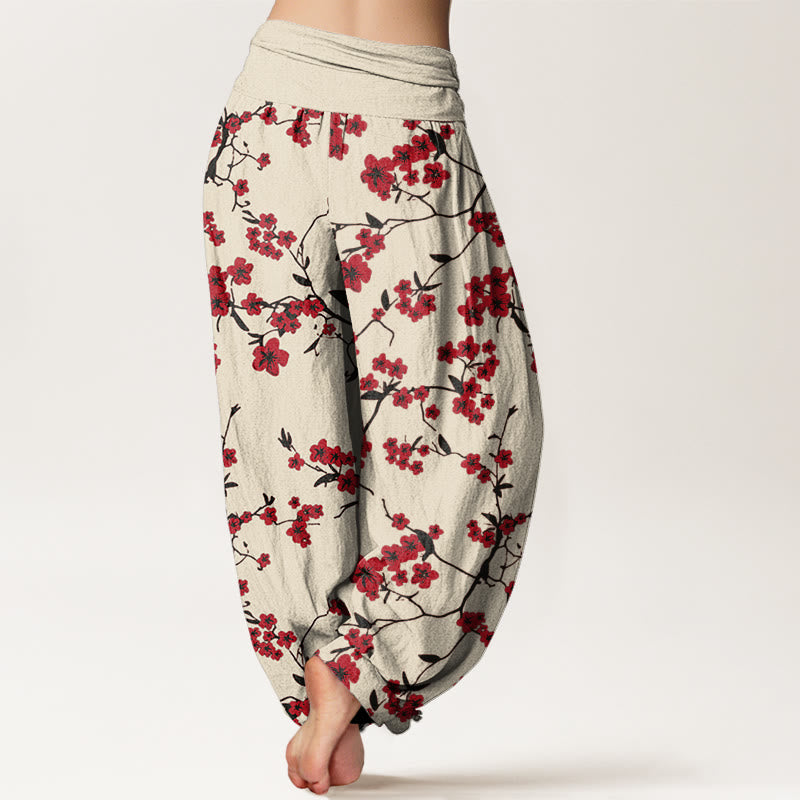 Buddha Stones Red Peach Blossom Pattern Women's Elastic Waist Harem Pants - image 1