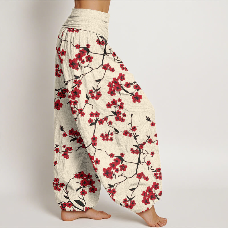 Buddha Stones Red Peach Blossom Pattern Women's Elastic Waist Harem Pants - image 2
