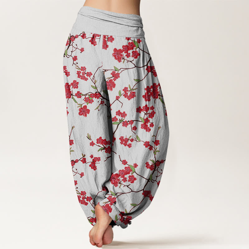 Buddha Stones Red Peach Blossom Pattern Women's Elastic Waist Harem Pants - image 5