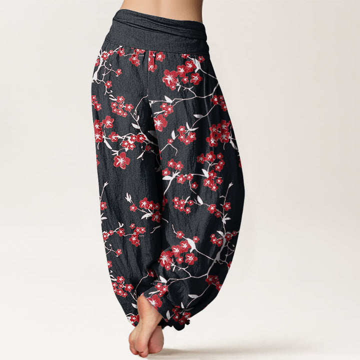 Buddha Stones Red Peach Blossom Pattern Women's Elastic Waist Harem Pants - image 8