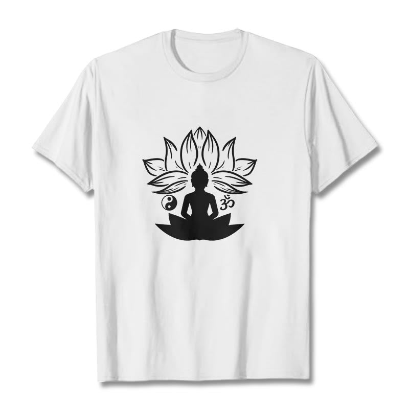Buddha Stones Om Yin Yang Buddha Statue Sitting Lotus Meditation Tee T-shirt - White - 2XL - image 0