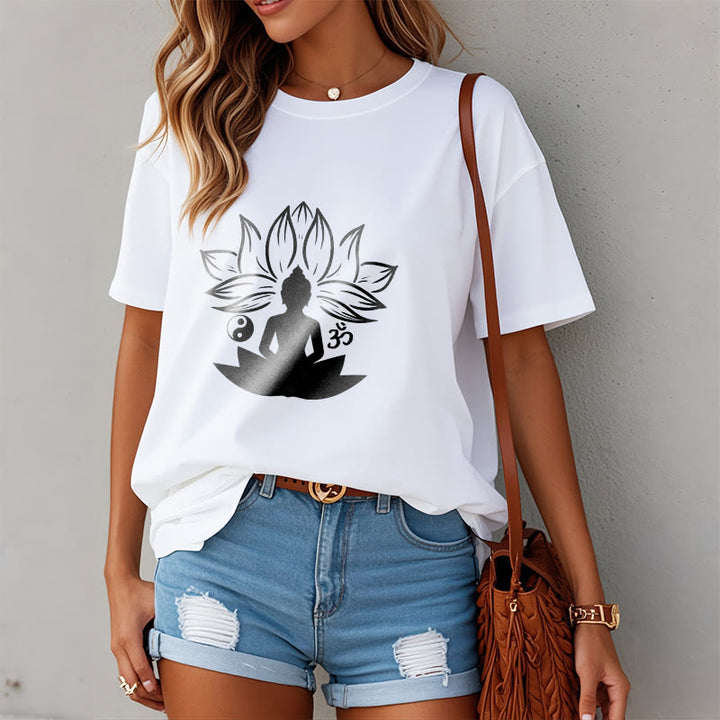Buddha Stones Om Yin Yang Buddha Statue Sitting Lotus Meditation Tee T-shirt - image 2