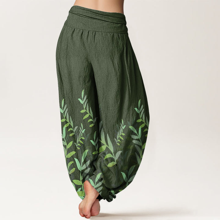 Buddha Stones Casual Leaves Pattern Women's Elastic Waist Harem Pants - image 5