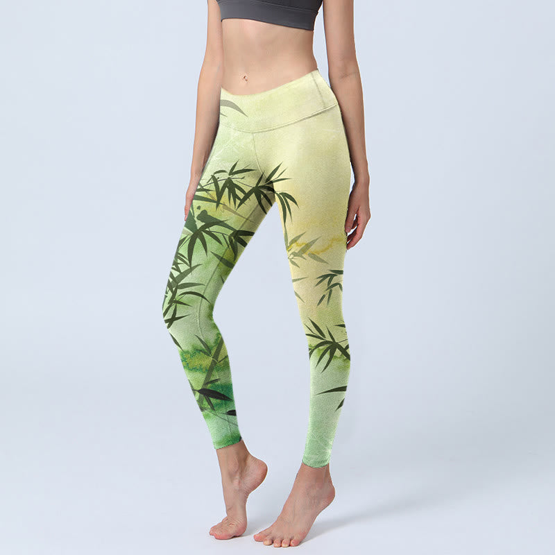 Buddha Stones Blooming Bamboo Pattern Print Gym Leggings Women's Yoga Pants - YellowGreen - US18,UK/AU22,EU50 (4XL) - image 0