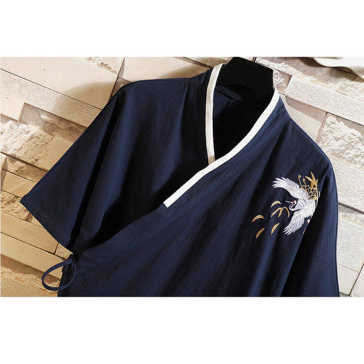 Buddha Stones Tang Suit Embroided Crane Pattern Lace-Up Side Men's Cotton Linen Short Sleeve T-Shirt - image 14