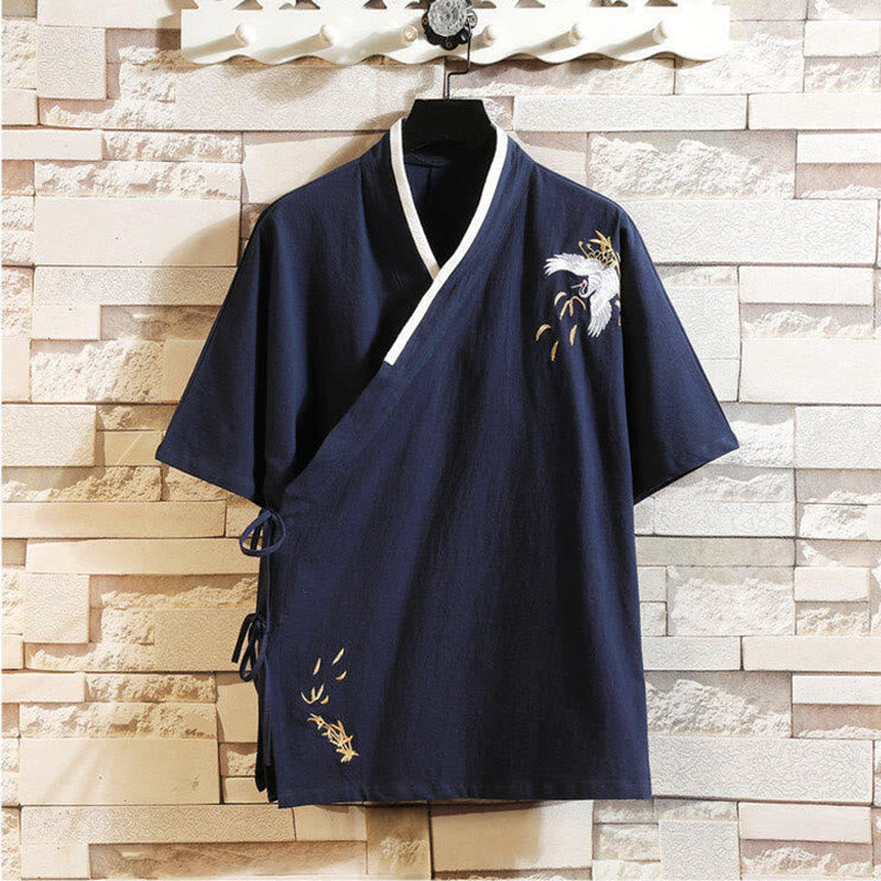 Buddha Stones Tang Suit Embroided Crane Pattern Lace-Up Side Men's Cotton Linen Short Sleeve T-Shirt - MidnightBlue - US/UK/AU46,EU56 (5XL) - image 13