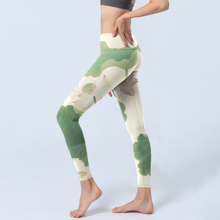 Buddha Stones Elegant Lotus Flower Leaves Pattern Print Gym Leggings Women's Yoga Pants - image 2
