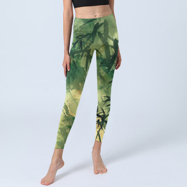 Buddha Stones Ink Blooming Bamboo Pattern Print Gym Leggings Women's Yoga Pants - image 5