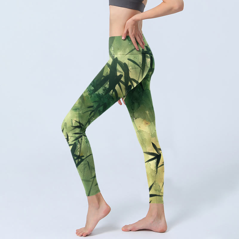 Buddha Stones Ink Blooming Bamboo Pattern Print Gym Leggings Women's Yoga Pants - image 2