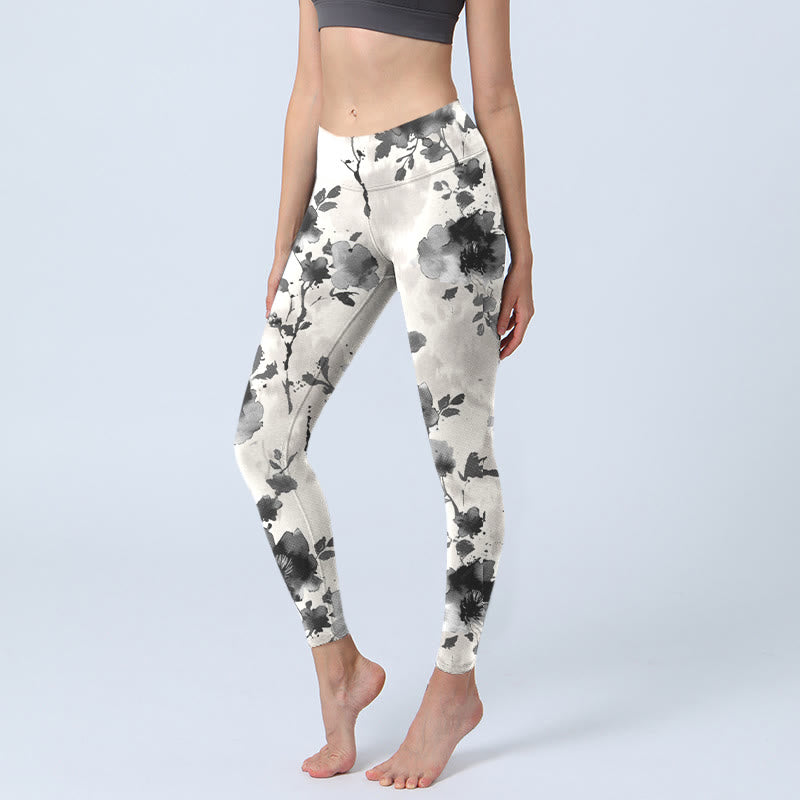Buddha Stones Ink Painting Style Flower Pattern Print Gym Leggings Women's Yoga Pants - GhostWhite - US18,UK/AU22,EU50 (4XL) - image 0