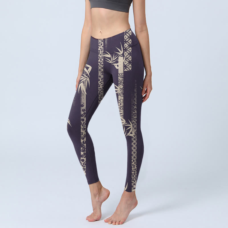 Buddha Stones Bamboo Water Wave Pattern Print Gym Leggings Women's Yoga Pants - Black - US18,UK/AU22,EU50 (4XL) - image 0