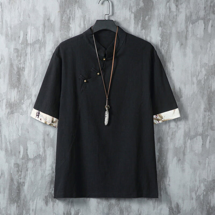 Buddha Stones Summer Chinese Frog-Button Printing Men's Plain Patchwork Half Sleeve Cotton Linen Shirt - Black - US/UK/AU46,EU56 (5XL) - image 7