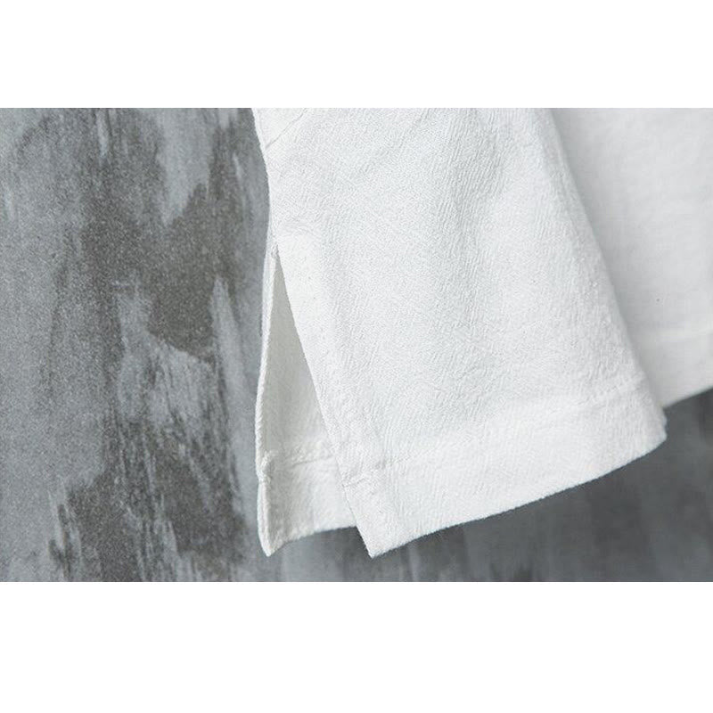 Buddha Stones Summer Chinese Frog-Button Printing Men's Plain Patchwork Half Sleeve Cotton Linen Shirt - image 6