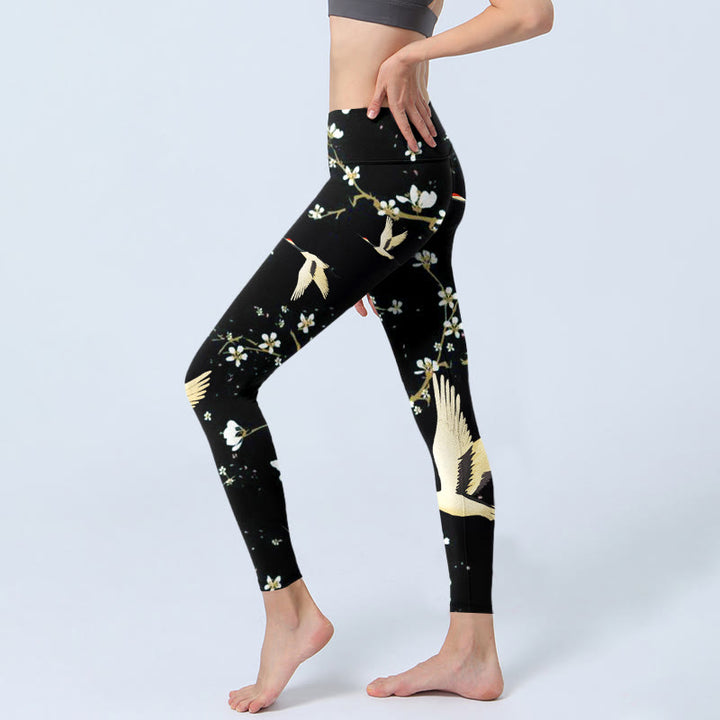 Buddha Stones Red-crowned Cranes Plum Blossoms Pattern Print Gym Leggings Women's Yoga Pants - image 2