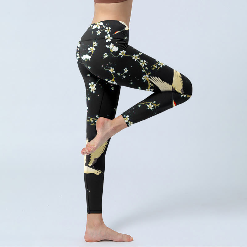 Buddha Stones Red-crowned Cranes Plum Blossoms Pattern Print Gym Leggings Women's Yoga Pants - image 3