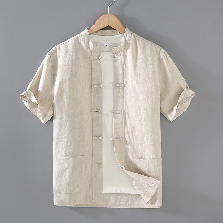 Buddha Stones Vintage Plain Tang Suit Chinese Frog-Button Cotton Linen Men's Shirt With Pockets - Beige - US/UK/AU46,EU56 (5XL) - image 0