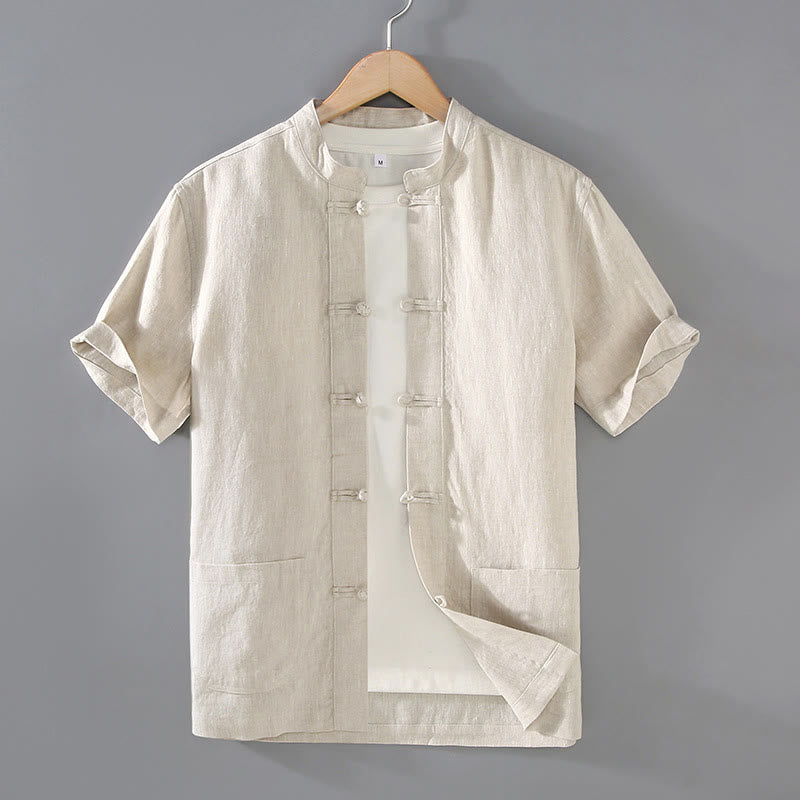 Buddha Stones Vintage Plain Tang Suit Chinese Frog-Button Cotton Linen Men's Shirt With Pockets - Beige - US/UK/AU46,EU56 (5XL) - image 0