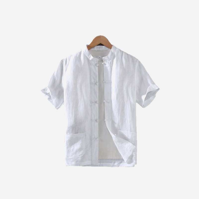 Buddha Stones Vintage Plain Tang Suit Chinese Frog-Button Cotton Linen Men's Shirt With Pockets - image 11