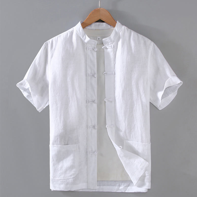 Buddha Stones Vintage Plain Tang Suit Chinese Frog-Button Cotton Linen Men's Shirt With Pockets - White - US/UK/AU46,EU56 (5XL) - image 10