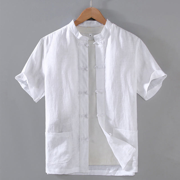 Buddha Stones Vintage Plain Tang Suit Chinese Frog-Button Cotton Linen Men's Shirt With Pockets - White - US/UK/AU46,EU56 (5XL) - image 10