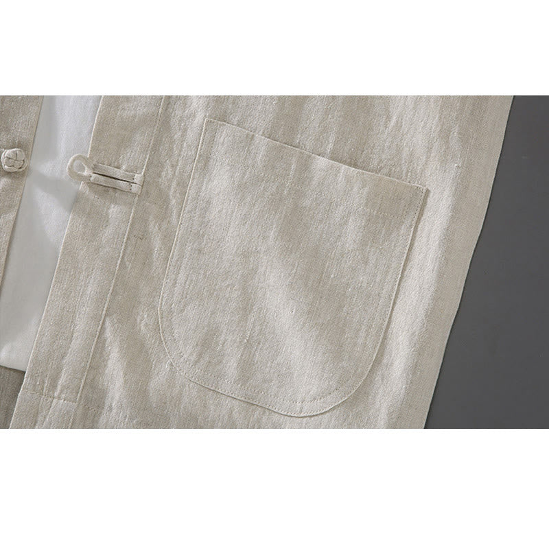 Buddha Stones Vintage Plain Tang Suit Chinese Frog-Button Cotton Linen Men's Shirt With Pockets - image 6