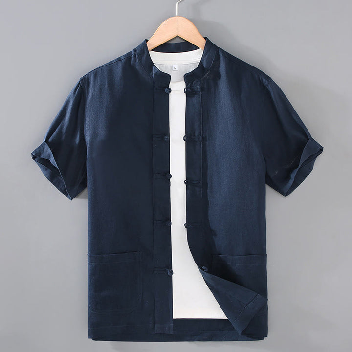 Buddha Stones Vintage Plain Tang Suit Chinese Frog-Button Cotton Linen Men's Shirt With Pockets - MidnightBlue - US/UK/AU46,EU56 (5XL) - image 9