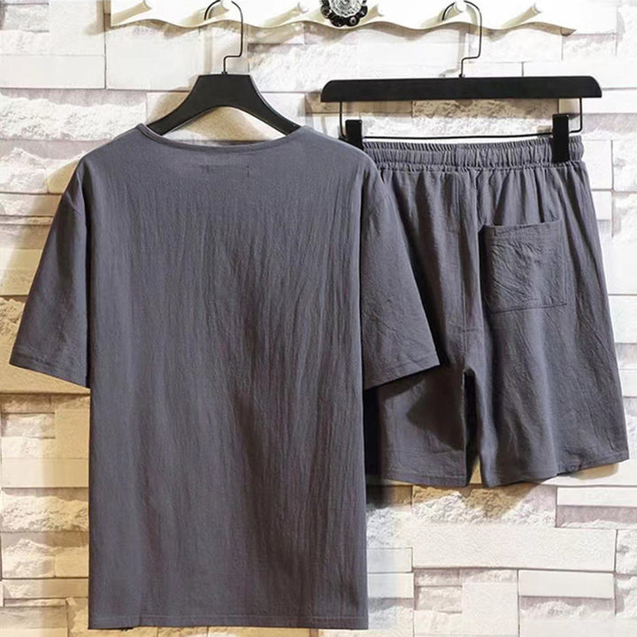 Buddha Stones 2Pcs Short Sleeve T-Shirt Drawstring Short Pants With Pockets Men's Cotton Linen Meditation Cloth Set - image 8