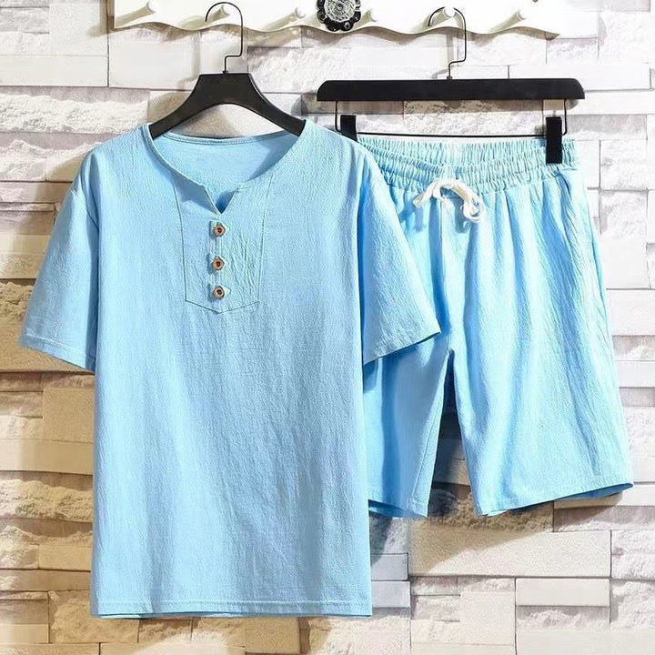 Buddha Stones 2Pcs Short Sleeve T-Shirt Drawstring Short Pants With Pockets Men's Cotton Linen Meditation Cloth Set - LightSkyBlue - US/UK/AU46,EU56 (5XL) - image 13