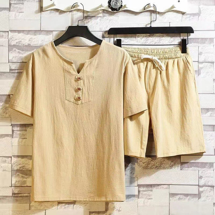 Buddha Stones 2Pcs Short Sleeve T-Shirt Drawstring Short Pants With Pockets Men's Cotton Linen Meditation Cloth Set - Khaki - US/UK/AU46,EU56 (5XL) - image 11