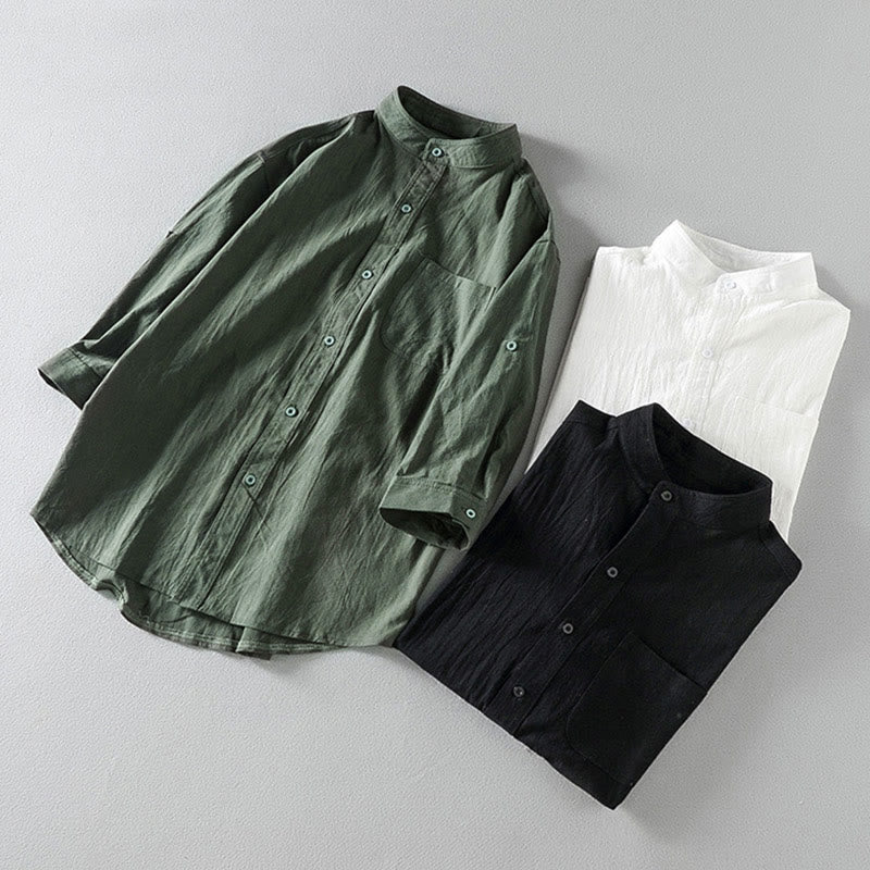 Buddha Stones Vintage Casual Plain Single Breasted Three Quarter Sleeve Men's Cotton Linen Shirt With Pocket - image 17