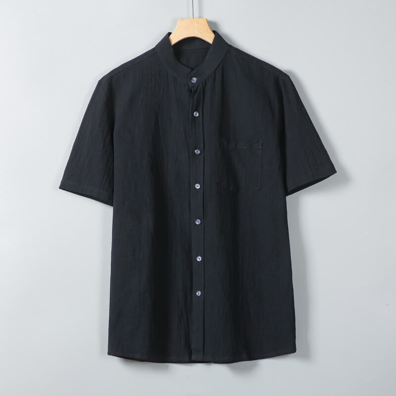 Buddha Stones Daily Printing Solid Color Single Breasted Men's Short Sleeve Cotton Linen Shirt WIth Pockets - Black - US/UK/AU46,EU56 (5XL) - image 8
