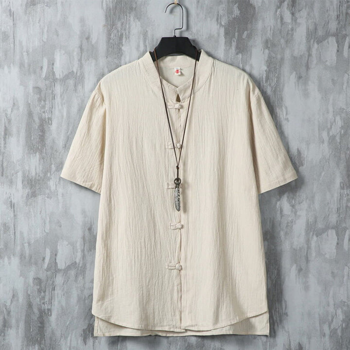 Buddha Stones Daily Casual Plain Chinese Frog-Button Men's Short Sleeve Cotton Linen Shirt - LightGoldenrodYellow - US/UK/AU46,EU56 (5XL) - image 0