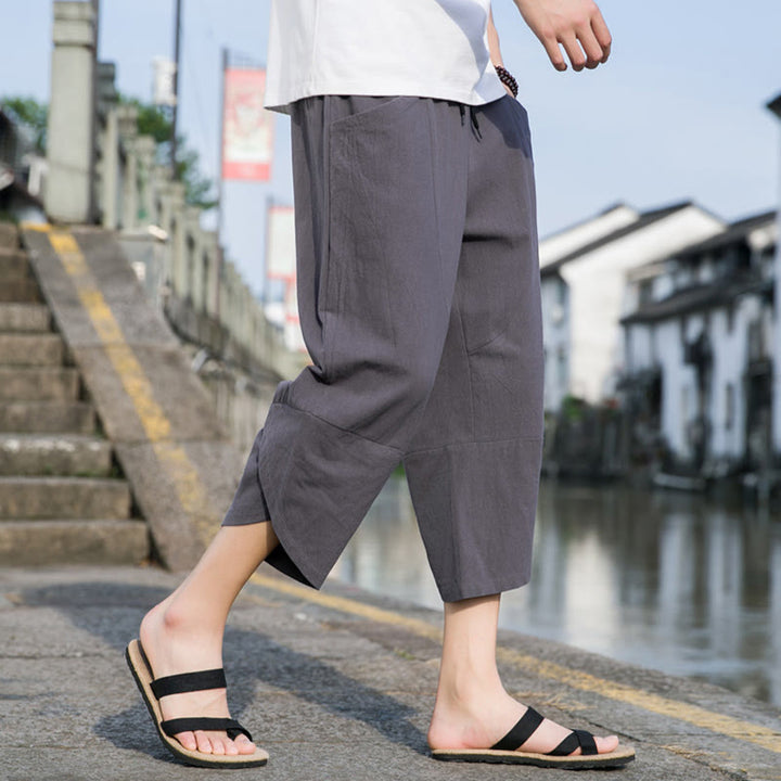 Buddha Stones Summer Casual Simple Plain Tapered Design Drawstring Men's  7-8 Length Cotton Linen Pants With Pockets - DimGray - US/UK/AU46,EU56 (5XL) - image 9