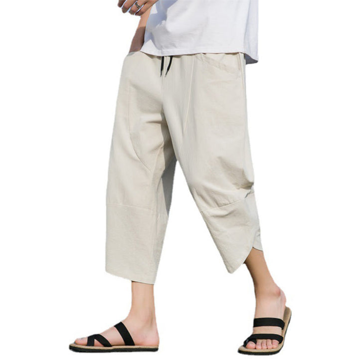 Buddha Stones Summer Casual Simple Plain Tapered Design Drawstring Men's  7-8 Length Cotton Linen Pants With Pockets - image 20