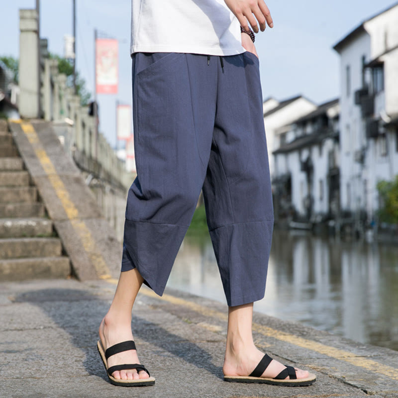 Buddha Stones Summer Casual Simple Plain Tapered Design Drawstring Men's  7-8 Length Cotton Linen Pants With Pockets - LightSlateGray - US/UK/AU46,EU56 (5XL) - image 13