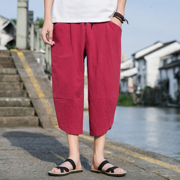 Buddha Stones Summer Casual Simple Plain Tapered Design Drawstring Men's  7-8 Length Cotton Linen Pants With Pockets - image 22