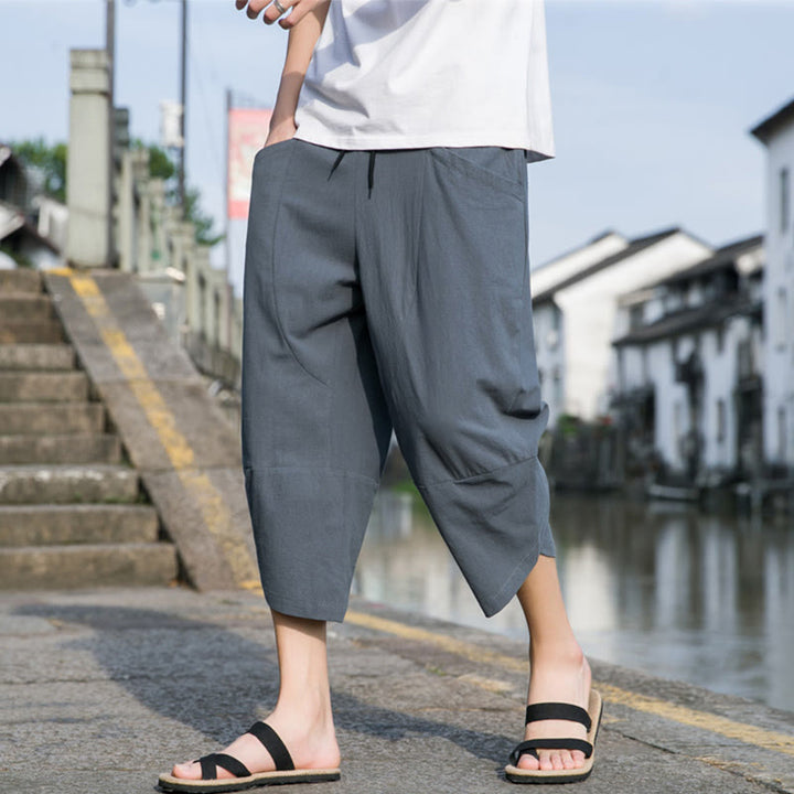 Buddha Stones Summer Casual Simple Plain Tapered Design Drawstring Men's  7-8 Length Cotton Linen Pants With Pockets - SteelBlue - US/UK/AU46,EU56 (5XL) - image 0