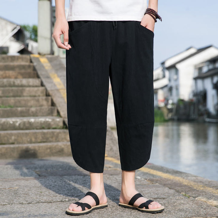 Buddha Stones Summer Casual Simple Plain Tapered Design Drawstring Men's  7-8 Length Cotton Linen Pants With Pockets - image 6